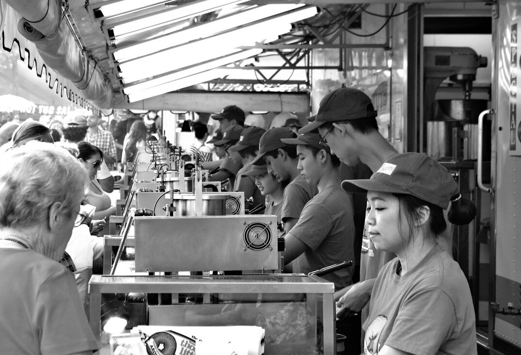 factory workers in line